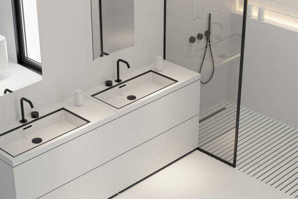 istock Modern White Large Matte Tiles Bathroom with Black Accents 2205148982