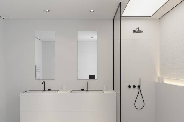 istock Modern White Large Matte Tiles Bathroom with Black Accents 2205148988
