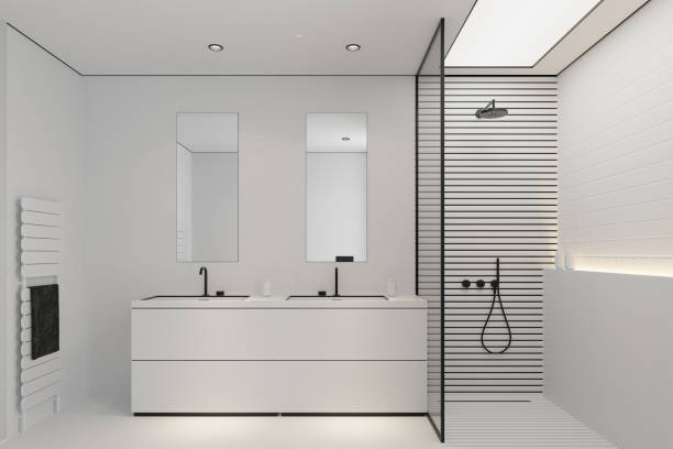 istock Modern White Large Matte Tiles Bathroom with Black Accents 2205148989