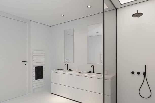 istock Modern White Large Matte Tiles Bathroom with Black Accents 2205148992