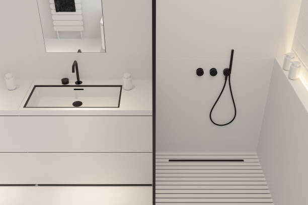 istock Modern White Large Matte Tiles Bathroom with Black Accents 2205149000