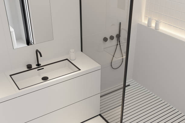 istock Modern White Large Matte Tiles Bathroom with Black Accents 2205149001