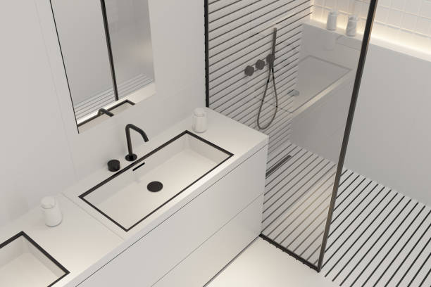 istock Modern White Large Matte Tiles Bathroom with Black Accents 2205149002