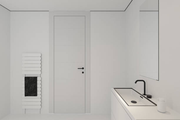 istock Modern White Large Matte Tiles Bathroom with Black Accents 2205149014