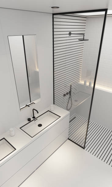 Modern White Large Matte Tiles Bathroom with Black Accents