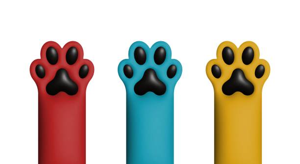 istock 3D cartoon cat paws in red, blue, and yellow with black pads, raised upward on a white background. 2205158251