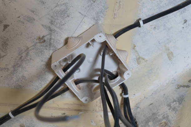 istock Electrical junction box with cables is attached to a concrete ceiling during building renovation, representing home improvement and electrical work 2205158355