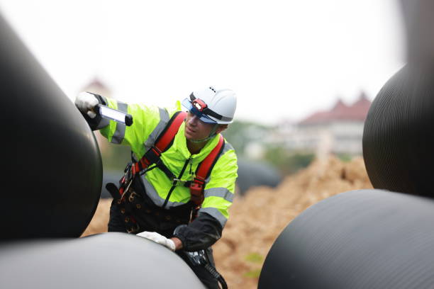Construction worker at the cylindrical tunnel, inspecting it with a flashlight wearing a high-visibility jacket, a white safety helmet, and a harness for safety. The tunnel appears to be part of an underground large infrastruct project.