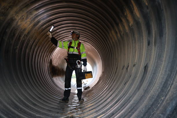 istock A construction worker wearing a safety harness and hard hat  with toolbox checks a large drainage pipe at a construction site. 2205168093