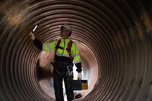 istock A construction worker wearing a safety harness and hard hat  with toolbox checks a large drainage pipe at a construction site. 2205168097
