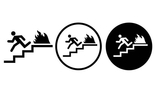 icon down stair Fire Exit icon down stair Fire Exit black outline for web site design and mobile dark mode apps Vector illustration on a white background run into wall stock illustrations