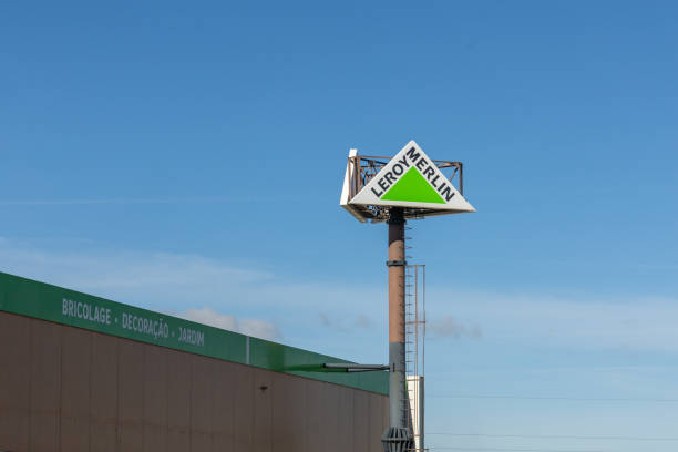 Lisbon, Portugal. 23 February 2025. Leroy Merlin logo on a pole in the sky. Leroy Merlin is an originally French chain of hardware stores that trades in do-it-yourself and garden items.