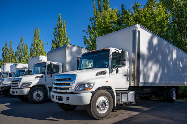 Middle duty day cab rig semi trucks with box trailers standing in row on the warehouse industrial parking lot at sunny day