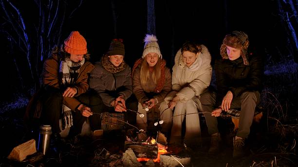 istock Friends sitting around a campfire in the woods on a winter evening 2205190789