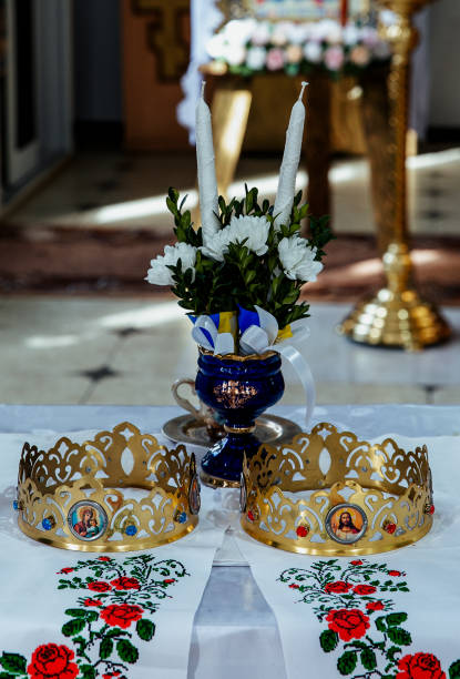 istock wedding crowns in the church, wedding ceremony 2205190940