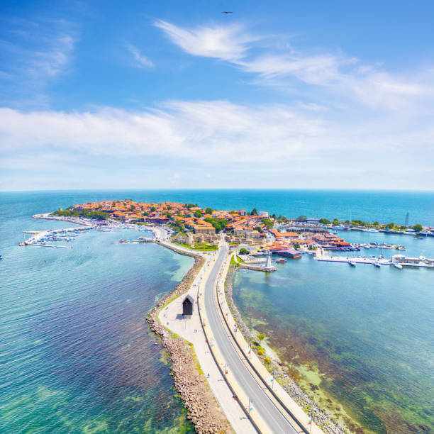 Aerial View of Nessebar (Несебър) an ancient city with a rich history and one of the major seaside resorts on the Bulgarian Black Sea Coast