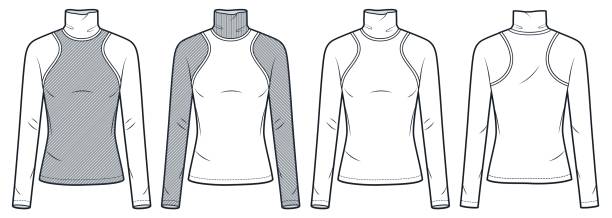 istock Raglan Sleeve Top Technical Fashion Illustration. Turtleneck Top fashion flat technical drawing template, slim fit, ribbed, front and back view, white, grey, women, men, unisex CAD mockup set. 2205199194