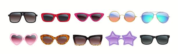 A diverse set of colorful sunglasses featuring different shapes such as hearts, stars, and aviators. Includes unique frames and vibrant lenses suitable for fashion.
