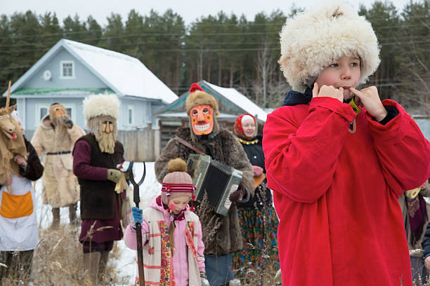 January 7, 2020. Russia. Tver region. Festive caroling in the village of Bely Omut.