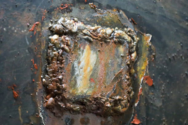The weld has a rough texture and various colors, including brown, orange, gray, and white. Around the weld, a dark, damaged metal surface is visible with signs of corrosion and peeling paint.
