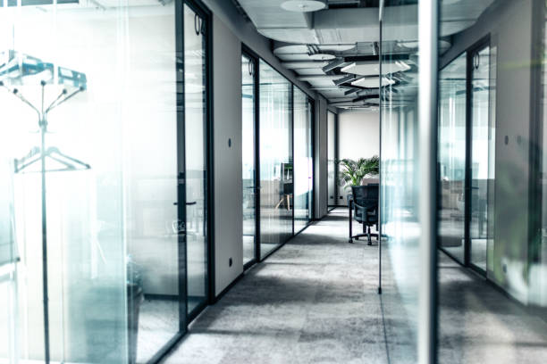 istock Modern office hallway with glass partitions and stylish interior design 2205209309