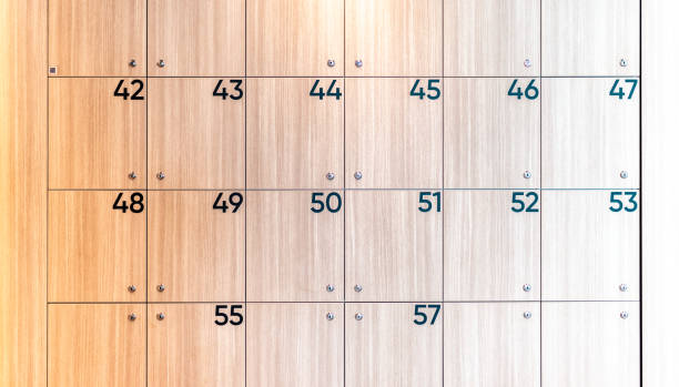 istock Wooden lockers with numbered doors for storage organization indoors 2205209667