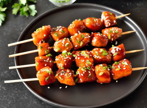 istock Teriyaki chicken skewers on plate 2205210094