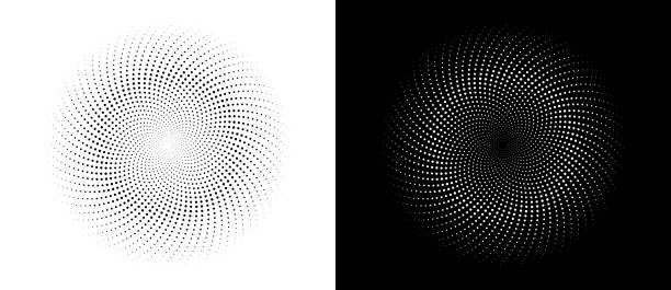 stockillustraties, clipart, cartoons en iconen met modern abstract background. halftone dots in circle form. spiral logo, icon or design element. black dots on a white background and white dots on the black side. - de puntjes verbinden