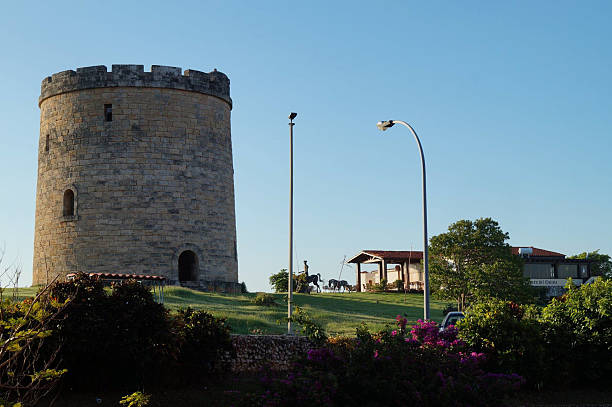 istock Ancient Stone Tower Stands Proudly Against a Clear Blue Sky, Surrounded by Lush Greenery and Vibrant Blooms, Near a Rustic Farmhouse 2205219069