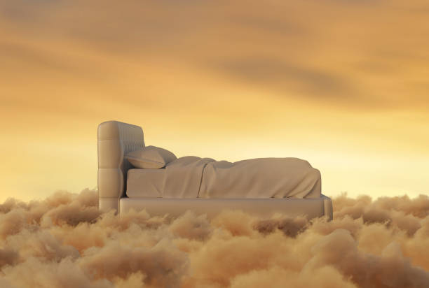 istock 3D rendering of flying bed over yellow clouds 2205219562