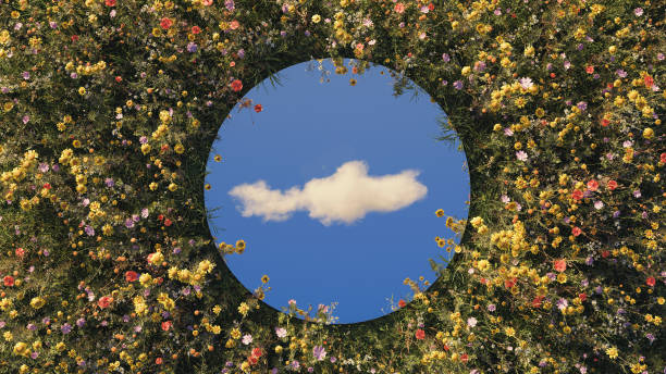 istock 3D Rendering of circular mirror reflecting single white cloud and surrounded by meadow flowers. Flat lay of nature style concept 2205224548