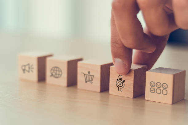 istock Customer behavior analysis concept. Wooden blocks with customer journey and customer experience icons on minimal background. Helping business tailor strategies and improve customer satisfaction. 2205228615