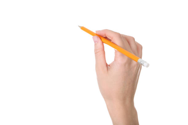 istock Female hand holding pencil on white background 2205229377