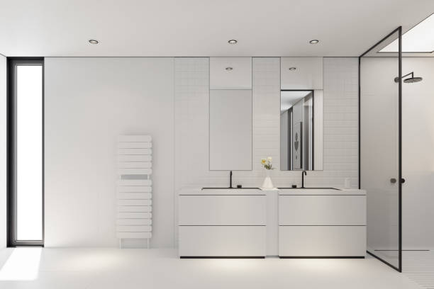 istock Sleek Modern Walk-In Bathroom with Black Accents 2205229866