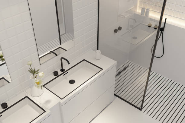 istock Sleek Modern Walk-In Bathroom with Black Accents 2205229913