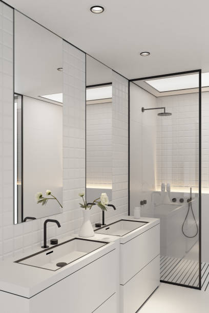 istock Sleek Modern Walk-In Bathroom with Black Accents 2205230286