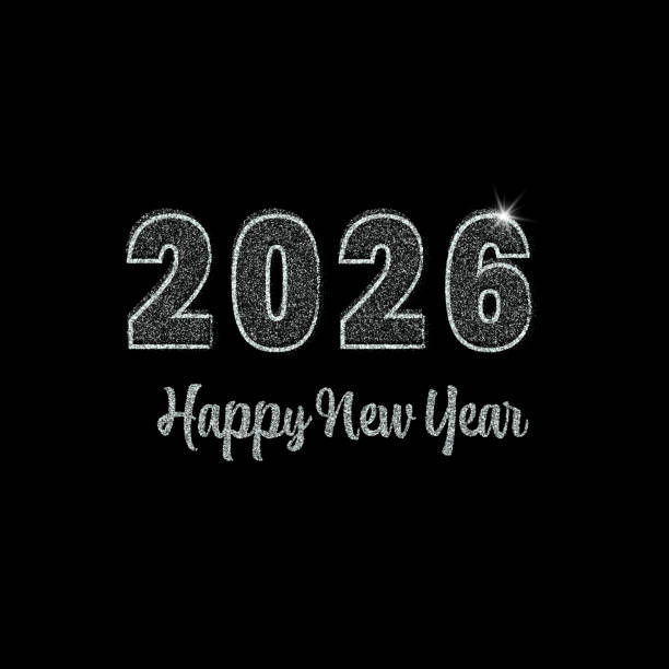 istock Poster design with text Happy New Year 2026 on black background with silver dust. Template for New Year banners, decorations, greeting cards 2205230480