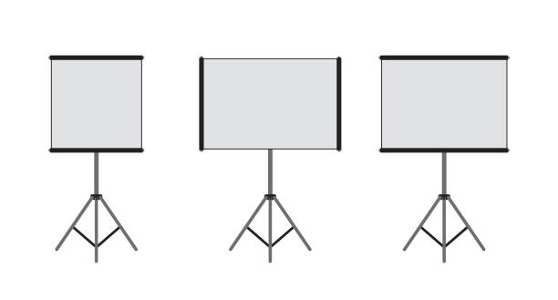 Three presentation screens on a tripod: square and two rectangular formats. Three presentation screens on a tripod: square and two rectangular formats. presentation formats stock illustrations