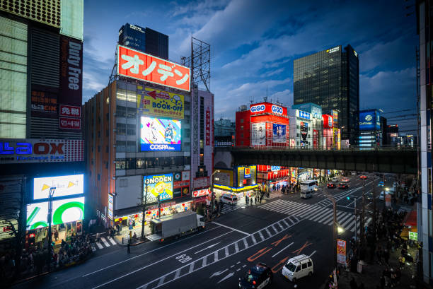 A bustling view of Akihabara in Tokyo, known for its electronics stores, game arcades, and pop culture merchandise. Bright illuminated signs and billboards line the streets, attracting crowds of locals and tourists in this vibrant urban hub. January 20, 2025, Akihabara, Tokyo, Japan