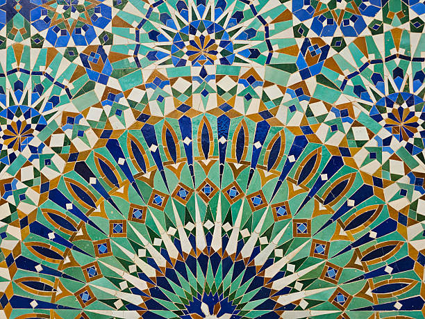 istock beautiful Moroccan Colorful zellige tiles pattern - Mosaic pattern, traditional Islamic Moroccan geometric design in the Exterior of Hassan II Mosque w 2205234228