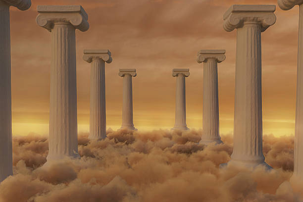 istock 3d rendering of white columns over fluffy sunset clouds 2205238384