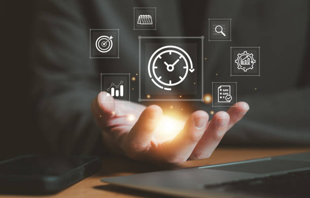 istock Business person with time management activity to improve productivity, process optimization and lean organization. Business and production improvement by time and resource planning for more profit. 2205241299