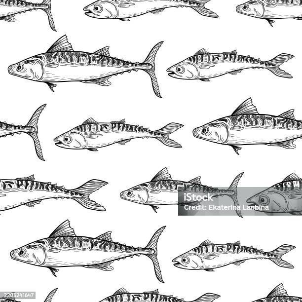 Blue Fish Repeating Pattern Mackerel Black White Vector Seamless Pattern Bluefish Monochrome Sketch ...