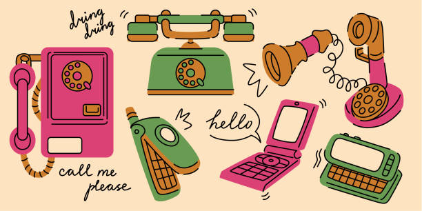 Vintage phone cartoon collection Vintage phone cartoon collection with rotary payphone, landline, flip mobile device and retro receiver. Old school communication equipment with text bubbles. Nostalgic telecommunication illustration. rotary dial telephone cartoons stock illustrations