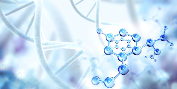 Horizontal banner with abstract molecular structure, DNA and copy space for text. Genetic engineering, GMO, gene manipulation concept. Hi Tech technology in field of genetic engineering. 3d render stock photo