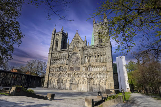 Spring in Trondheim, view of the cathedral Nidarosdomen