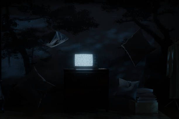 A dark room with a vintage television set from the eighties displaying a broadcast test pattern  - 3D render