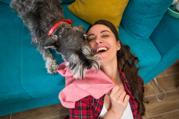 istock A woman is playing with her dog inside 2205266388