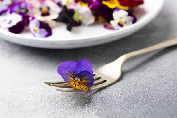 istock Edible flowers, field pansies, violets. Grey background. Close up. 2205270507