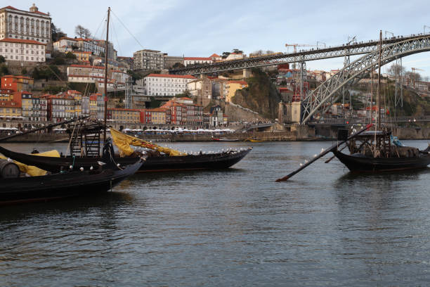 Old town on hillside above calm bay, Porto